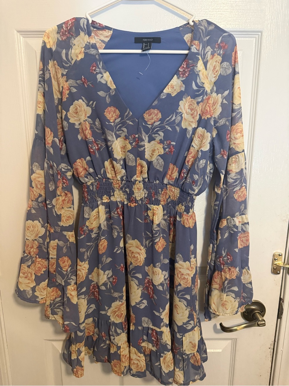 Forever 21 Blue Floral V-Neck Smocked-Waist Tunic